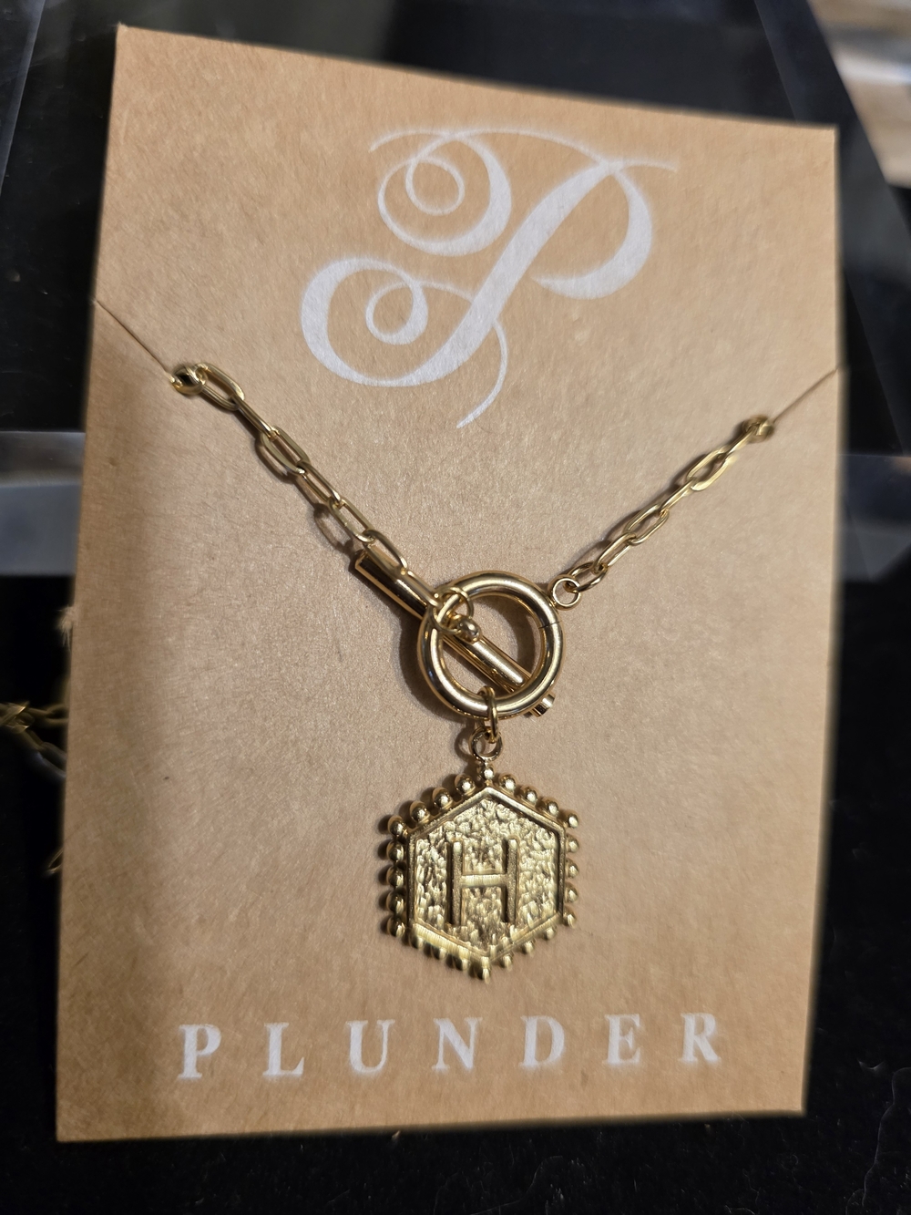 #837 Plunder Gold Hexagon H Charm Necklace